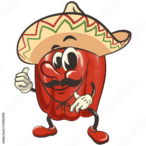 vector isolated clip art illustration of cute bell peppers mascot wearing sombrero with thumb up, work of handmade