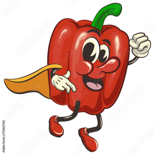 vector isolated clip art illustration of cute bell peppers mascot being superhero with a cape, work of handmade