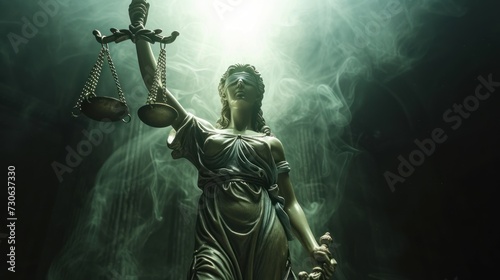 Legal Concept: Themis is the goddess of justice as a symbol of law and order on the background of dark room,copy space.  photo