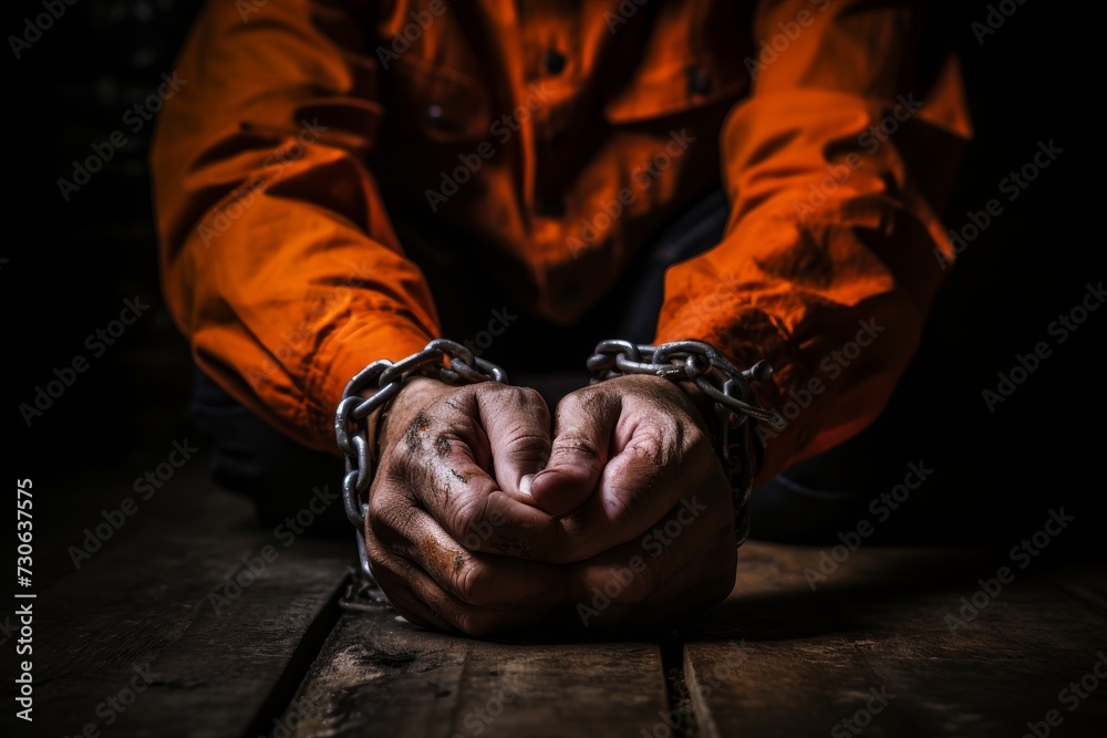 Close-up of rough male hands chained with iron shackles, symbolizing captivity and imprisonment