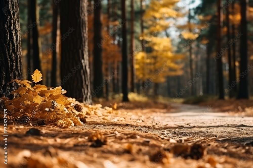 Captivating view of a tranquil autumn park with a spectacular display of golden fallen leaves