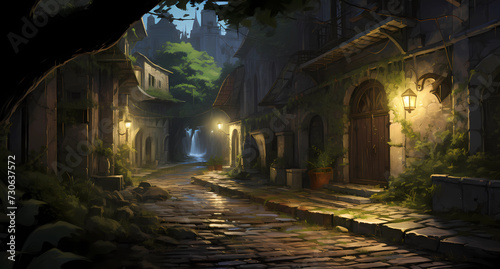 a painting of an old country alley at night