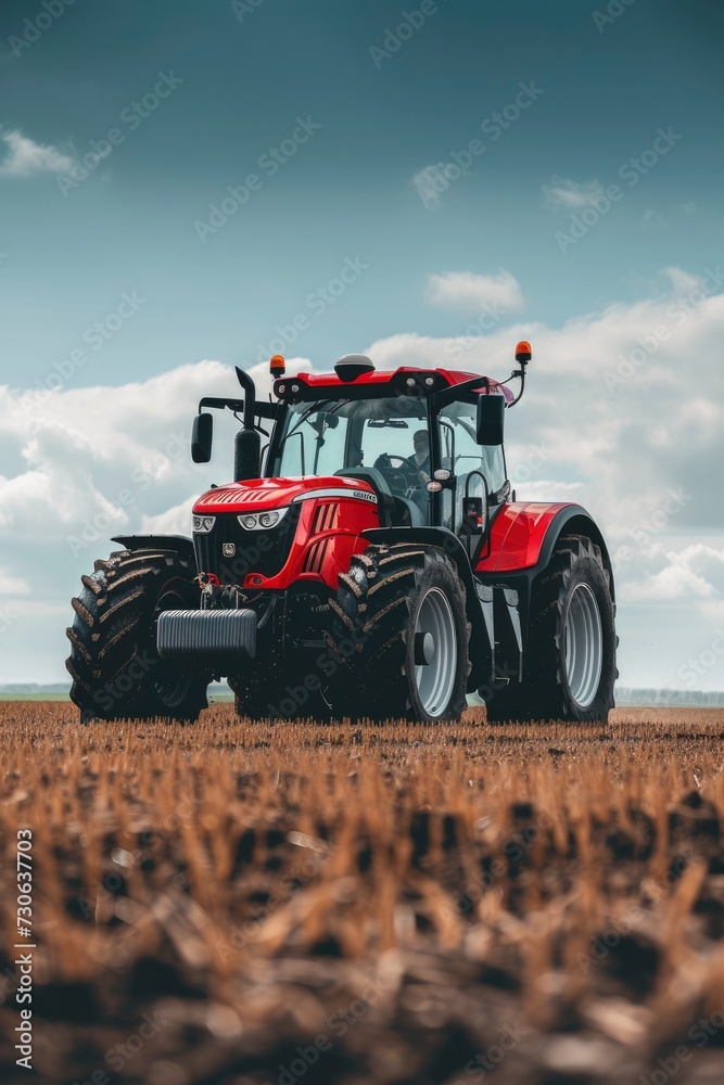 Obraz premium Field Workhorse, A Large Modern Tractor Ready to Tackle the Fields, Symbolizing Efficiency and Power in Agricultural Work.