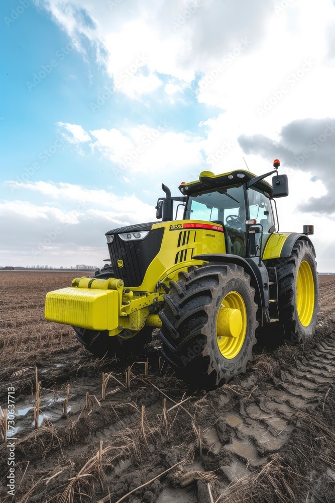 Field Workhorse, A Large Modern Tractor Ready to Tackle the Fields, Symbolizing Efficiency and Power in Agricultural Work. Field Workhorse, A Large Modern Tractor Ready to Tackle the Fields, Symbolizing Efficiency and Power in Agricultural Work.