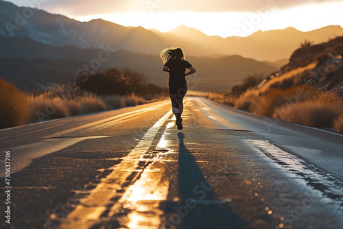 girl running along road, rear view, glare on wet road, mountains in the background