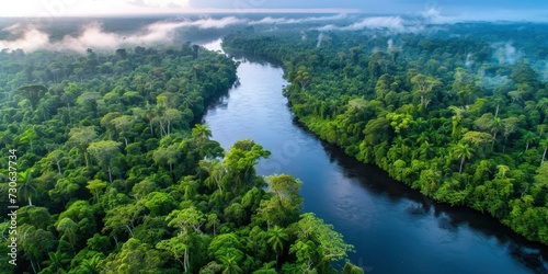 An aerial, top-down view capturing the winding path of a river as it flows through the lush greenery of a rainforest.