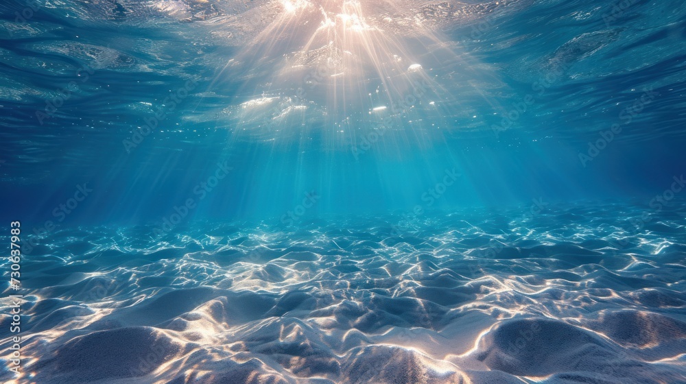 Fototapeta premium Underwater background with blue water and sun rays. Copy space.