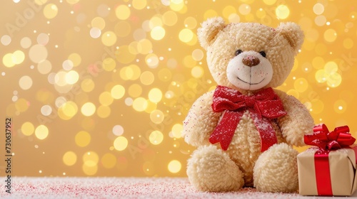 A Teddy Bear Holding a Gift Box, with Space for Text