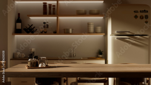 A space on a hardwood dining table in a modern, minimalist kitchen, complete with kitchen appliances
