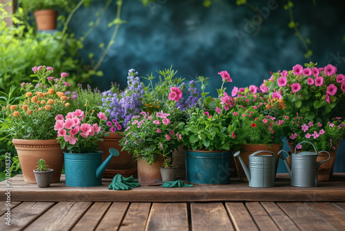 colorful flowers pots with watering can and gloves on wooden floor