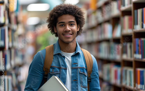 A Smiling Young Black Male Student Standing in a Library
