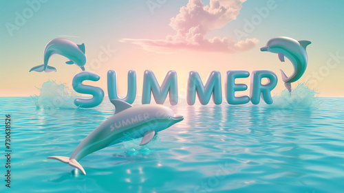 Summer Fun, Playful 3D Text with Inflatable Dolphins Jumping Against Gradient Ocean Background