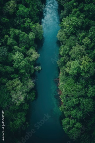 An aerial, top-down view capturing the winding path of a river as it flows through the lush greenery of a rainforest. © Anamul Hasan