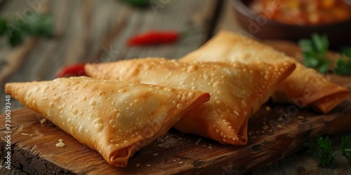 Samosa featuring a savory filling of chicken, minced meat, potato, and vegetables, presented on a wooden background.