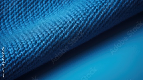 The texture of the knitted fabric. The yarn is blue in color. Close-up of the rows and patterns of the knitted product.
