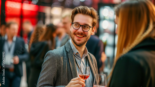 An image of young people attending a party and interacting with friends. Company year-end parties and new employee welcome parties.