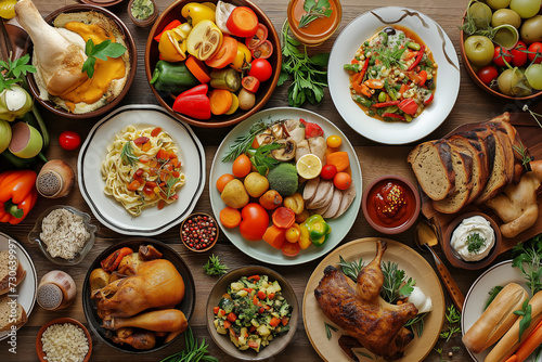 collage of food in dishes, variety vegetables, chicken, sauces and bread, top view