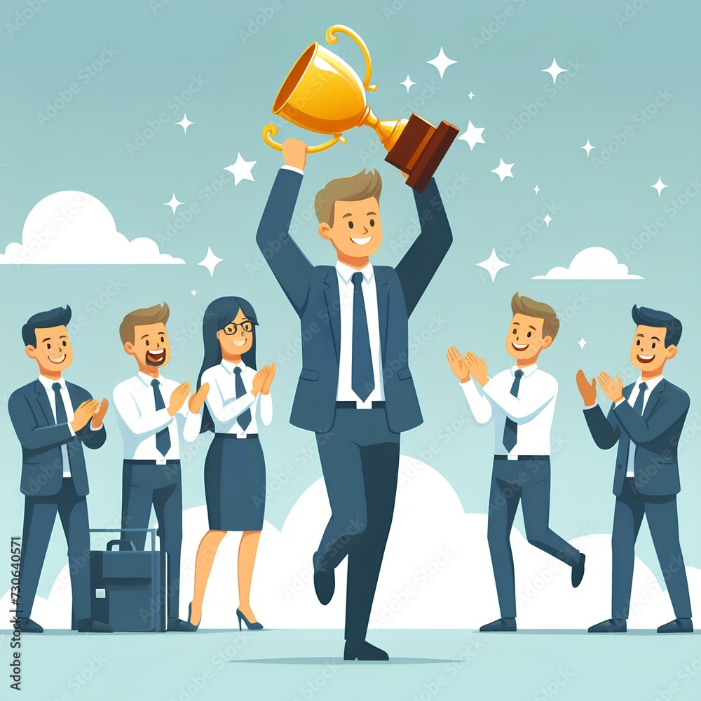 Employee Appreciation Day concept. Success businessman holding a trophy above his head as his coworkers erupt in applause around him. Employee Appreciation Day concept. Success businessman holding a trophy above his head as his coworkers erupt in applause around him.
