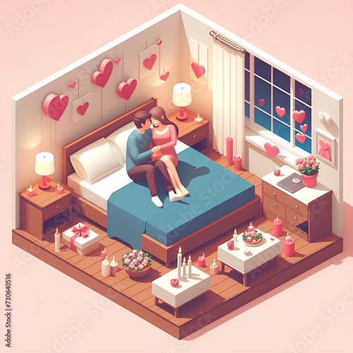 Isometric happiness, marriage or romantic couple kissing with affection, care and enjoy quality time on bed with heart shape decoration