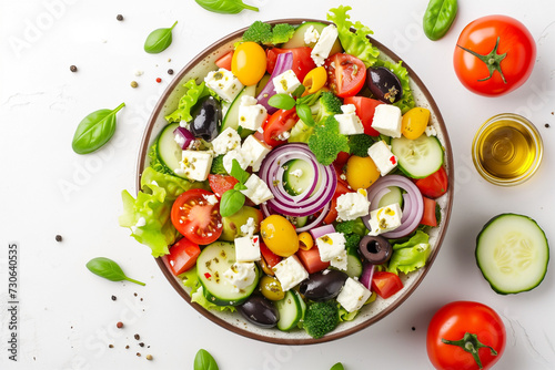 classic greek salad with fresh vegetables, feta cheese and olives, cucumbers, tomatoes, isolated on white background, top view