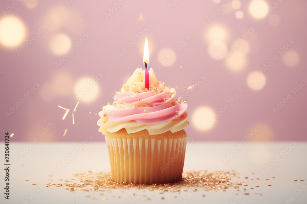 cupcake, sweet gold shiny cream with festival, burning candle, sprinkling, isolated, background
