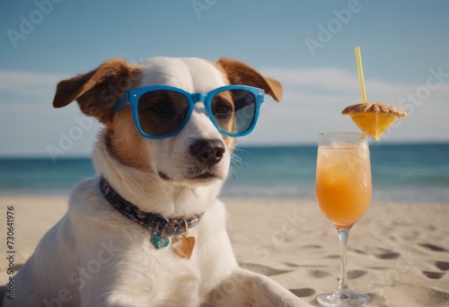 White dog wearing sunglasses relaxes on the beach next to a tropical drink