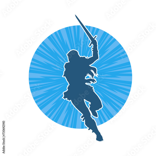 Silhouette of a female fighter in action pose carrying sword weapon.