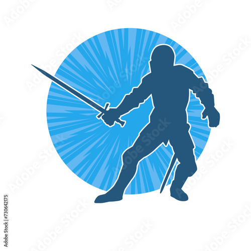 Silhouette of a male warrior wearing war armor suit in action pose using a sword weapon.
