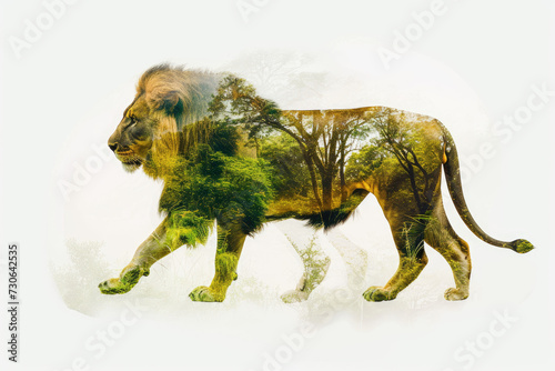 double exposure effect of wild animals and green jungle  isolated against a white background