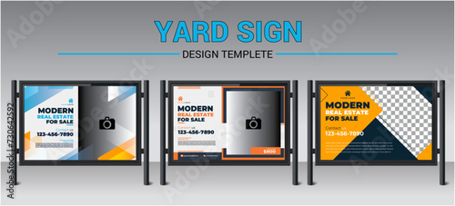 Home sale business real estate company ads, yard sign, signage design vector template for outdoor advertising multiple color version red orange navy blue
