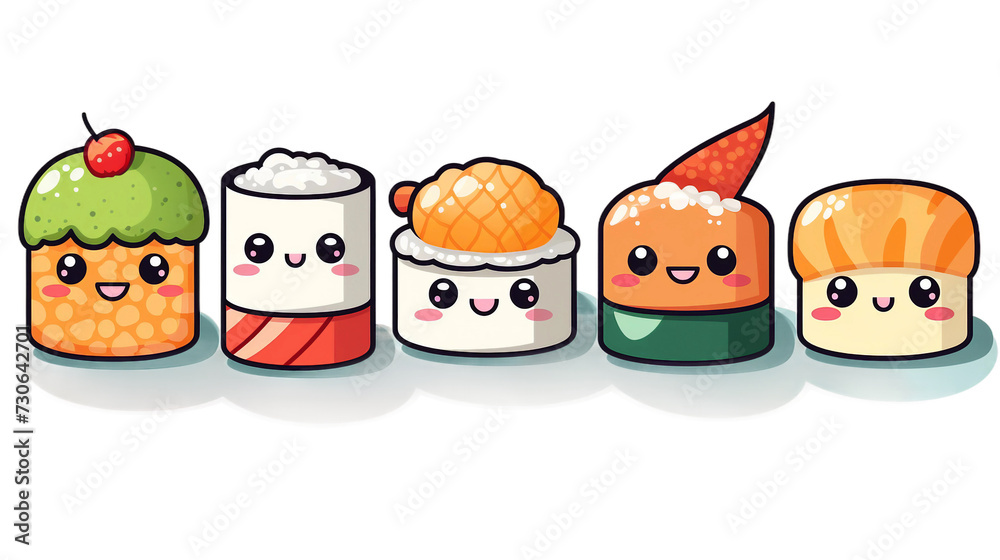 Obraz premium Smiling Sushi Delight: Kawaii Japanese Rolls in Adorable Cartoon Style, Perfect for Culinary Designs and Asian Cuisine Concepts