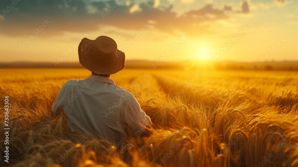 A farmer in a straw hat in a wheat field, leaning on a scythe, under golden sunset light, with an endless wheat field in the background.