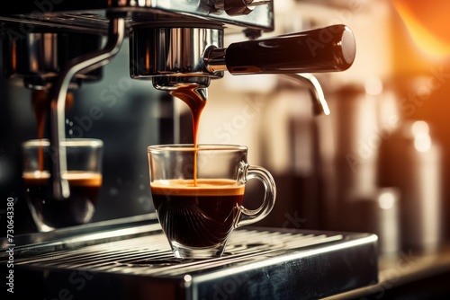 An espresso shot being freshly extracted into a clear glass cup from a professional espresso machine, capturing the essence of coffee culture and the barista craft.