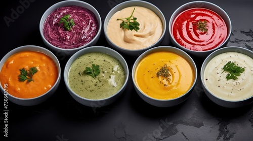 Assortment of colored vegetable cream soups. Dietary food. On a black stone background. Top view. copy space for text.