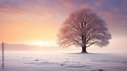 Beautiful tree in winter landscape in the morning. Copy space for text.