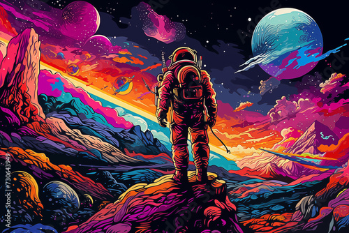 AI-Generated Astronaut Exploring Vibrant Cosmic Landscape  A Surreal Pop Art Odyssey