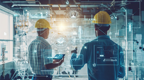 An engineer and an architect are discussing a construction project, they have a digital tablet in their hands with a projection of drawings and schedules of their project.