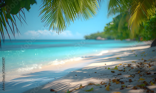 A sandy tropical beach adorned with palm trees and overlooking the ocean. The scene features a serene tropical beach with blue waters, sun shades, and swaying palm leaves. © jex