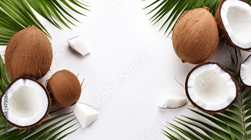 Frame composition coconut on white border background. presentation. advertisement. template product. for artwork. copy text space.