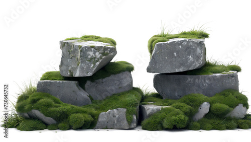 Several large stone blocks covered with grass and moss