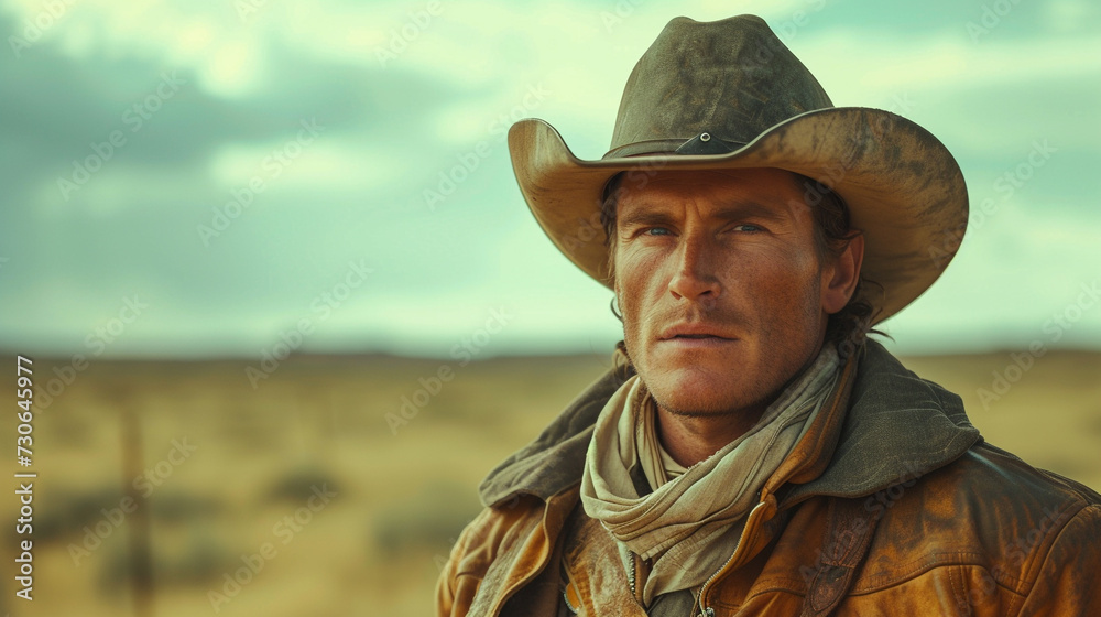 A modern-day cowboy, rugged and tough, framed against the backdrop of a vast, open prairie.