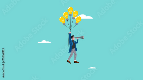 see business opportunity with knowledge, business skill for career opportunity, education for career success, businessman flying using a light bulbs balloon while looking at business opportunity