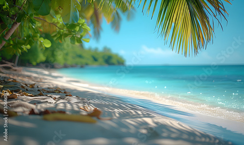 A sandy tropical beach adorned with palm trees and overlooking the ocean. The scene features a serene tropical beach with blue waters, sun shades, and swaying palm leaves. © jex