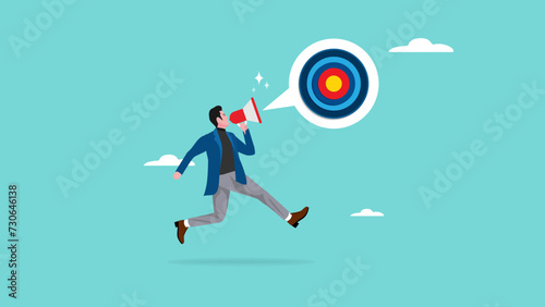 announce business goal illustration, motivation to success challenge, business target or purpose, target audience, businessman use megaphone to announce target business with target board sign