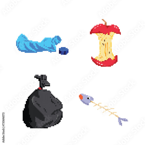 Vector illustration set collection group of garbage, trash, junks. Water bottle, apple core, trash bag, and fish bone pixel bit retro game styled vector illustration drawing.