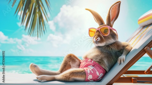 Osterhintergrund, Cooler Hipster Osterhasen sitzt entspannt mit Sonnenbrille und rosa Badehose im Liegestuhl am Strand unter Palme