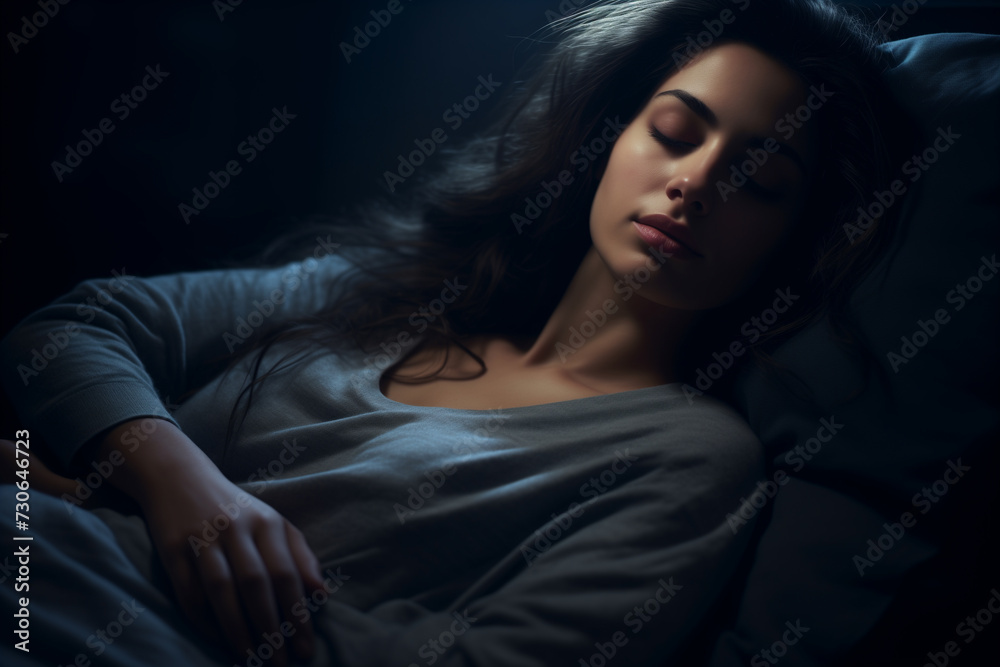 young woman sleeping on bed in dark room, blurred background, glare on face young woman sleeping on bed in dark room, blurred background, glare on face