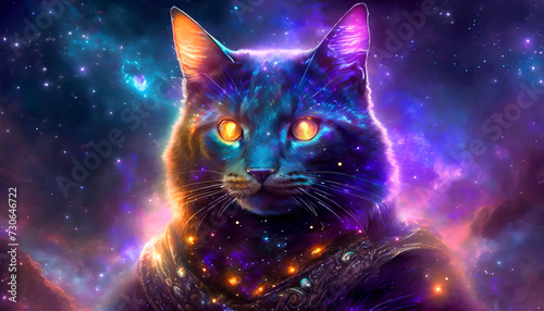 Galaxy space cat in the night sky fantasy illustration