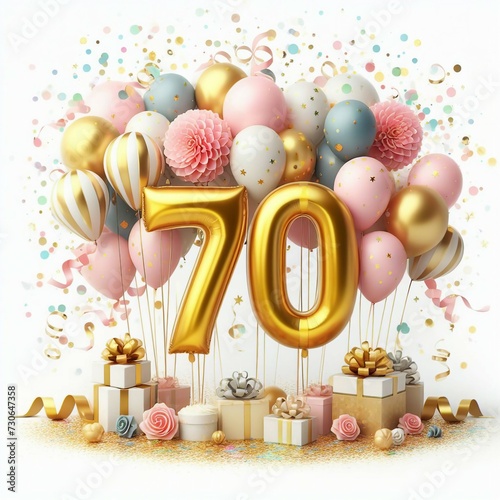 Vector Illustration of a Number 70th Birthday Balloon Celebration Cake, Adorned with Sparkling Confetti, Stars, Glitters, and Streamer Ribbons for a Festive Atmosphere photo