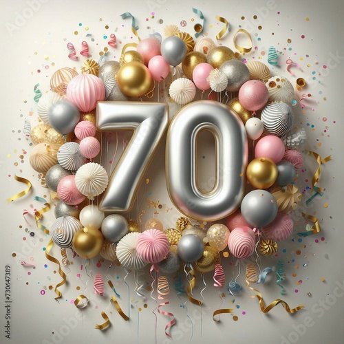 Vector Illustration of a Number 70th Birthday Balloon Celebration Cake, Adorned with Sparkling Confetti, Stars, Glitters, and Streamer Ribbons for a Festive Atmosphere photo